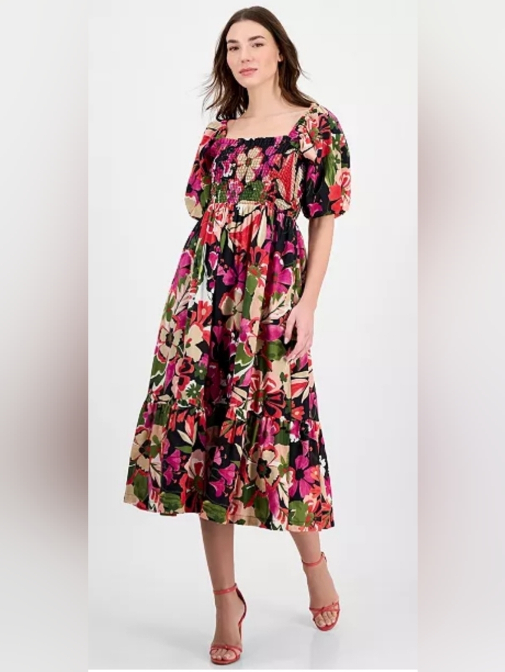 Anne Klein Smoked Puff Sleeve Floral Midi Dress with Pink and Green Accents